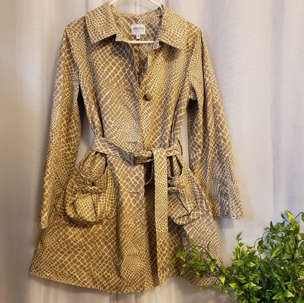 Armani Collezioni Tan Trench Animal Print Coat